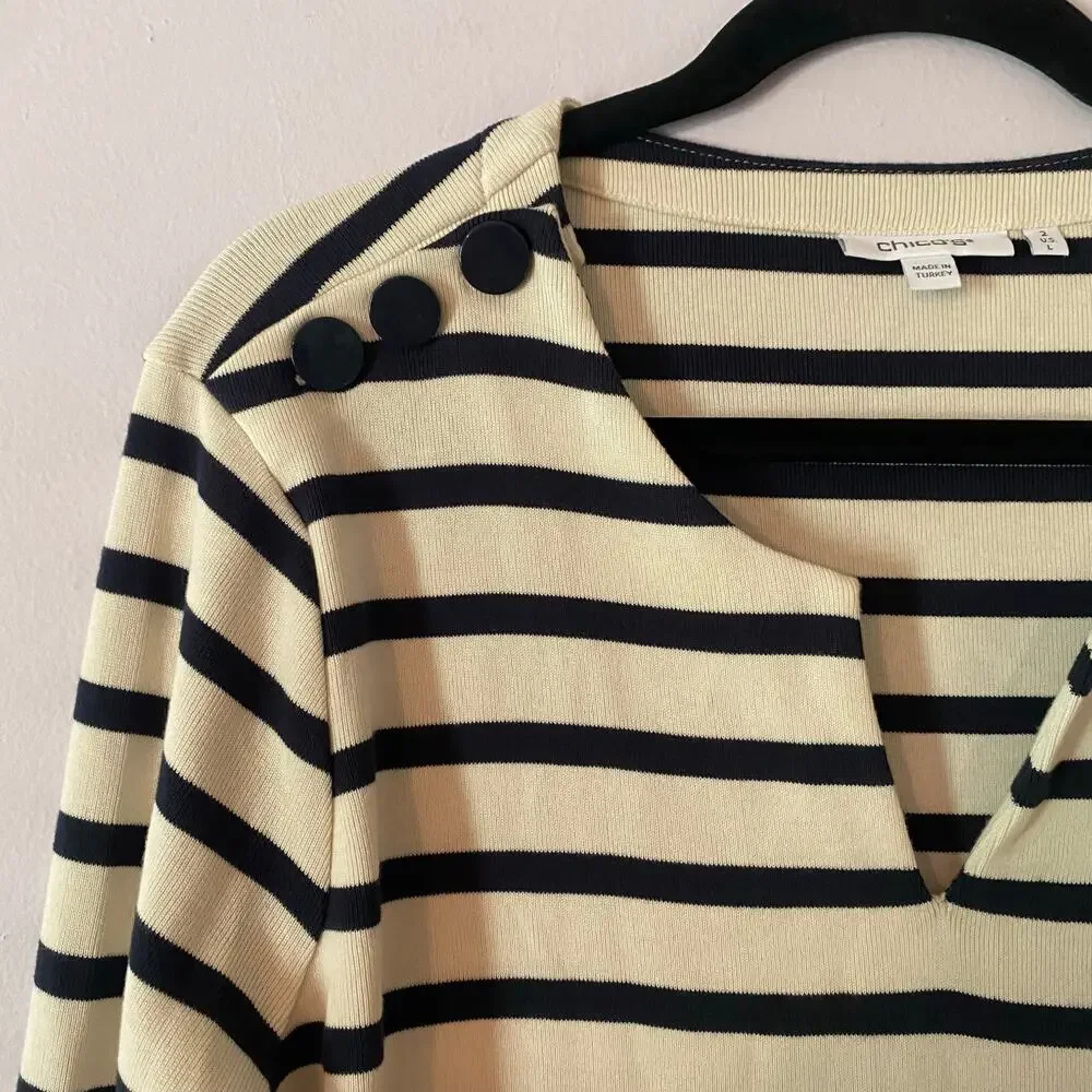 Chico's Blue Cream Stripe Popover Sweater Nautical Sailor Women's size 2 / Large